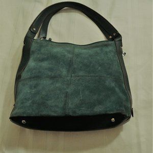 Tignanello Green Suede Leather Hobo Shoulder Bag w/ Blue Side Zipper Expansions